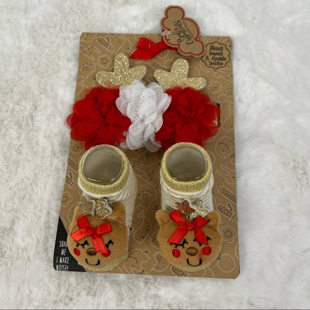 NEW Baby Essentials Glitter Antler Headband & matching Plush Deer Rattle Socks